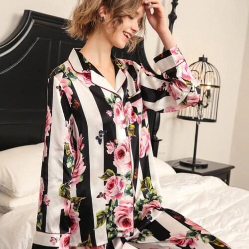 2020 New Real Silk Pajama Sets Female Romantic Rose Striped Silkworm Silk Long-Sleeve Two-Piece SILK Womans Sleepwear T8184
