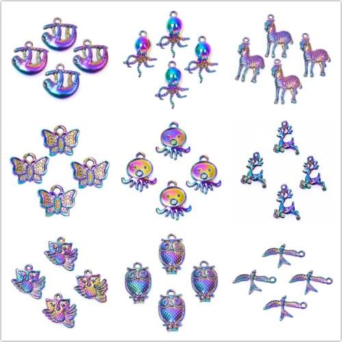 10 pcs Cute Octopus Charm Pendant Rainbow Metal Animal Charms For Jewelry Making Accessories Owl Butterfly Pendant DIY Supplies
