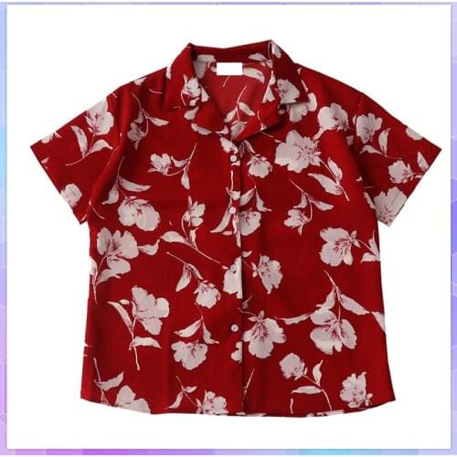 Retro Floral Womens T-shirt 2021 Hong Kong Style Top Woman Short Sleeve T-shirts Summer Red Tops Female Clothing 2021 Tee Shirt