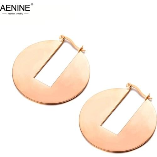 AENINE Round Shape Rectangular Notch Hoop Earrings Punk Style Rose Gold Color Stainless Steel Party Anniversary Jewelry AE18071