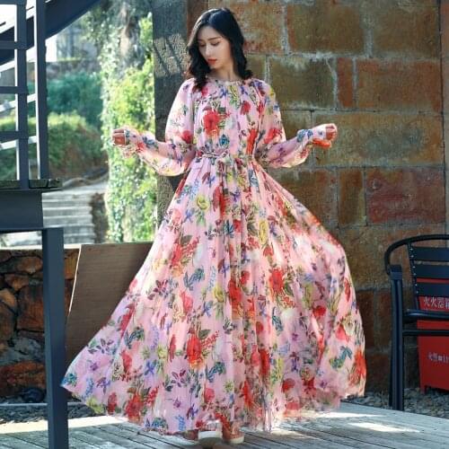 Chic Fashion Women Plus Size Long Sleeve Bohemia Maxi Floral Print Dress Long High Quality Summer Beach Chiffon Party Dress