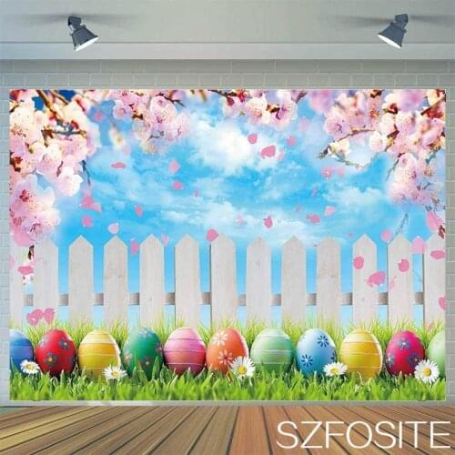 Spring Peach Blossom Blue Sky Fence Egg Easter Backdrop Photo Festival Family Room Decorate Child Birthday Party Vinyl Banner