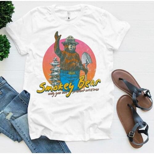 Hillbilly Smokey Bear Cartoon Print Vintage Unisex Graphic Tees Short Sleeve Pure Cotton Summer Clothing Protect Forest T Shirts