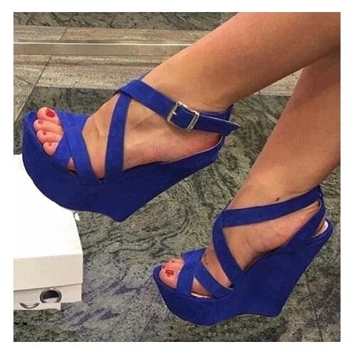 Moraima Snc Newest Blue Suede Platform Wedge Sandal Peep Toe Cutouts Gladiator Shoes Woman Summer Super High Club Wearing Heels