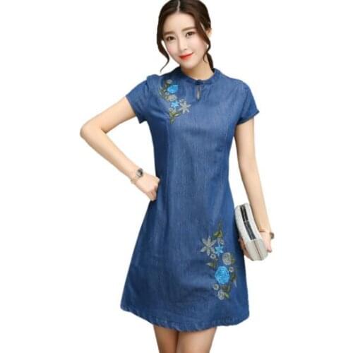 Spring summer Womens Denim Short Sleeve Dress 2020 Slim Elegant Embroidery Dress Jeans Dress Womens clothing DV87