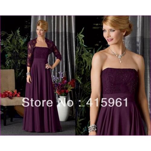 Free shipping 2019 new vestidos de novia Purple custom size Mother of the Bride Dresses With Lace Jacket three quarter sleeves