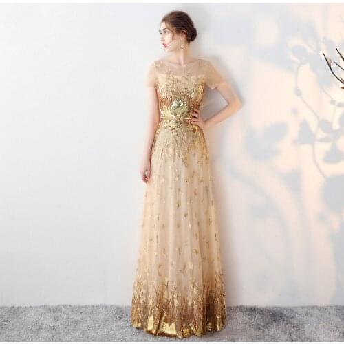 Beauty Emily Golden Evening Dresses 2020 O Neck Sequined A-Line Sleeveless Formal Evening Party Prom Dress Floor-Length