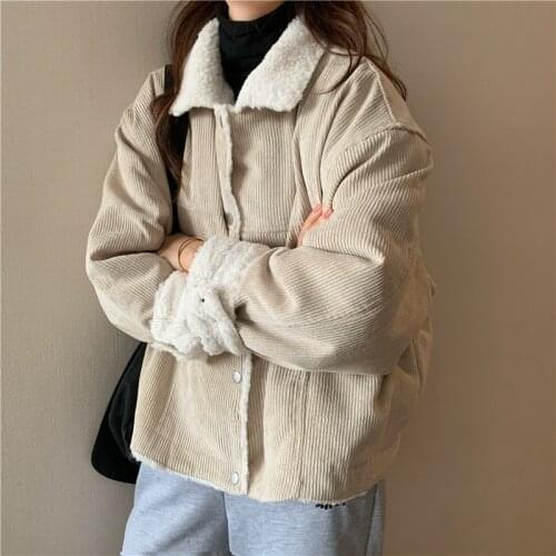 2021 Corduroy Woman Jacket Wool Coats Autumn Winter Warm Clothes Pockets Fashion Single Breasted Top Solid Vintage