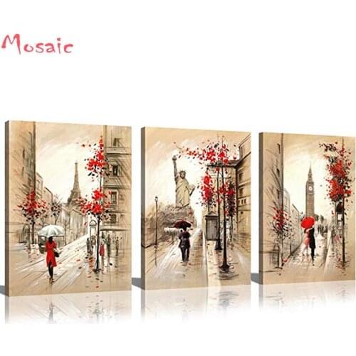 5D Diy Diamond Painting Cross Stitch 5D Diamond Mosaic Decor Full Diamond Embroidery 3pcs Romantic Paris Street Tower lovers