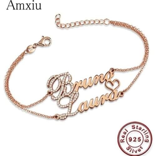 Amxiu Custom Two Names Bracelets 925 Sterling Silver Bracelet Personalized Double Chains Bracelets Zircon Jewelry for Women Gift