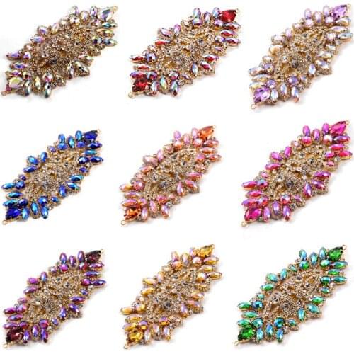 11 Colors 14x7cm Crystal AB Rhinestones Applique Navette Sew On Rhinestone Chain Golden Base Sew Applique for DIY Clothes B3897