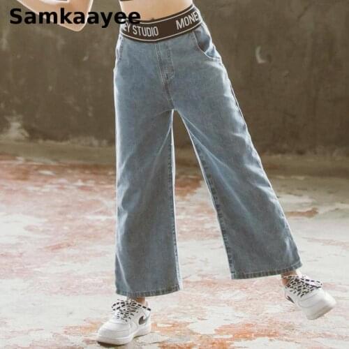 5-16y Children Jeans Kids Pant Spring Autumn Girls Trousers Denim Elastic Waist Wide-Legged Jean Solid Casual Loose Clothing Y41