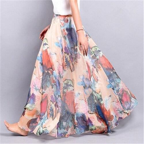 Elegant Summer Bohemian Maxi Skirts Women Long Skirt Chiffon Saia Beach High Waist Tutu Casual Harajuku Print Clothes
