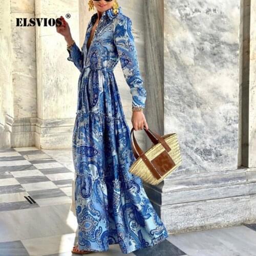 Elegant Lapel Shirt Sleeves Dress 2021 Spring Autumn Print Stitching Belt Loose Long Vestidos Womens Casual Buttons Street Robe