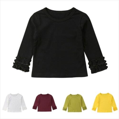 Toddler Kids Baby Girl Cotton Puff Long Sleeve Tops Clothes T-shirt Tee Tops Ruffle Solid Pullover T-shirts