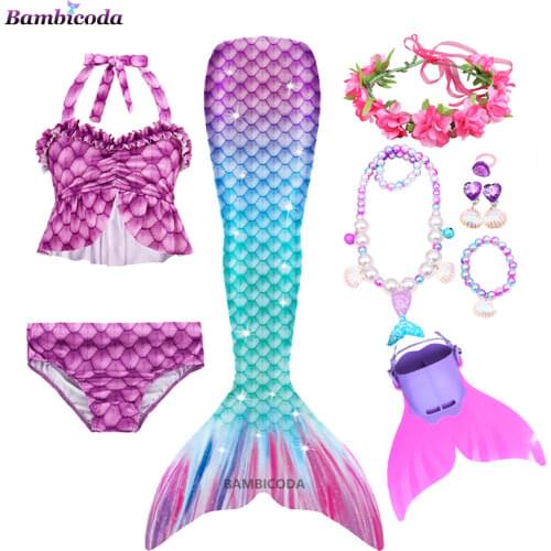 Little Mermaid Tail for Girls Swimming Suit Mermaid Costume Swimsuit Kids Swimmable can with-or Monofin Fin and necklace Cosplay