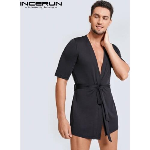 INCERUN 2021 Top Hot Sale New Mens Comfortable Homewear Mid-sleeve Robes Sexy Lace Stitching Breathable Sleeved Nightgown S-5XL