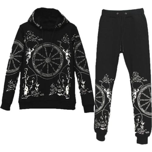 European and American fashion suits new spring and autumn ladies hooded heavy casual printing large size Sweatshirts two-piece