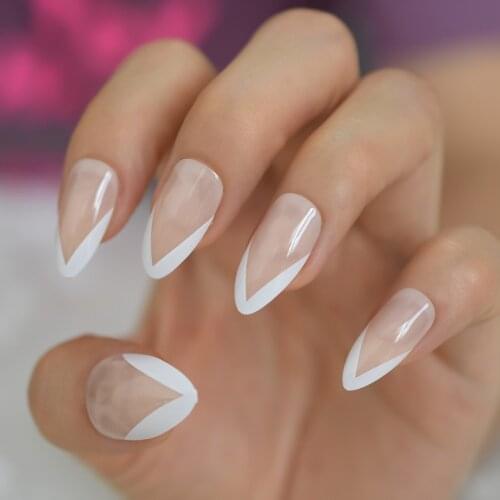 24Pcs Full Cover Natural Nude White French Press on Pointed Head False Nails Wearable Stiletto Fake Nail with Jelly Glue Sticker