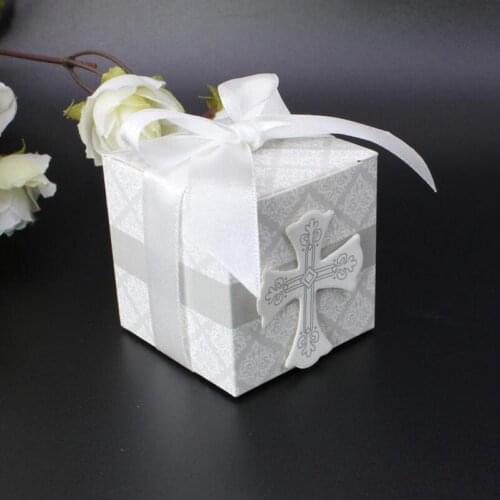 New Design Cross Candy Box Christening Baby Shower Wedding Party Bomboniere Wrap Holders with Ribbons 50pcs/lot
