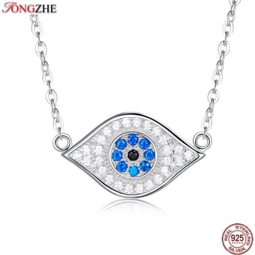 TONGZHE Necklace Women 925 Silver Sterling CZ Blue Stone Pendant Evil Eye Necklace Link Chain Choker Turkey Lucky Jewelry