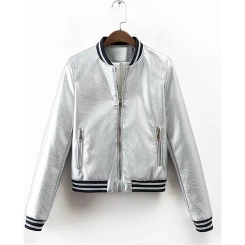 PERHAPS U Women Faux Pu Leather Outwear Bomber Jacket Pocket Zipper Gold Silver Solid C0019