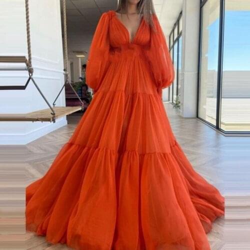 2021 Spring Puffy Tulle Sleeves Evening Dresses Women Vestidos Pretty Flare Formal Dress Sexy V neckline See Thru Female Dress