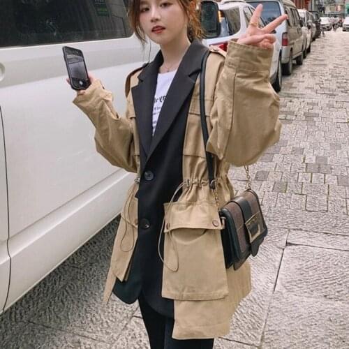 2021 New Spring Full Sleeve Notched Pocket Drawstring Wild Coat Fashion Women Jackets Loose Patchwork Windbreaker Outerwear