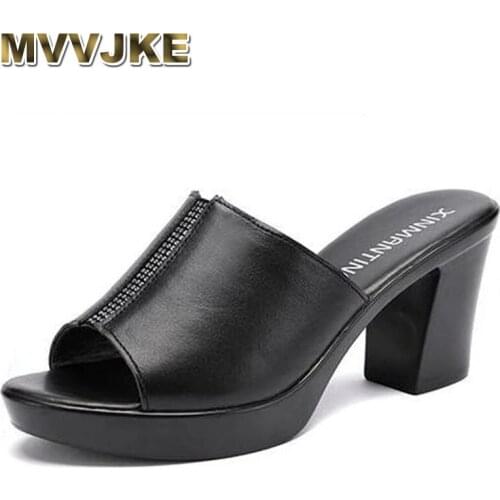 MVVJKEWomen Slippers 2021 Ladies Summer Slippers Shoes Women High Heels Fashion Rhinestone Genuine Leather Summer Shoes