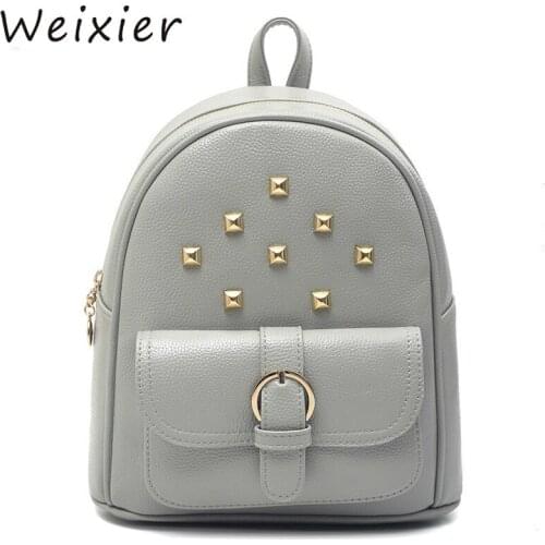Women Rivets Leather Backpack Fashion School Bags For Teenage Girls Female Solid Color Backpacks Black PU Rucksack mochila V3-29