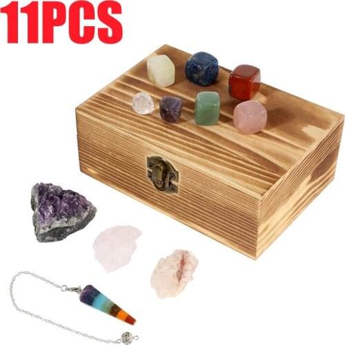 11pcs Natural Amethyst Cluster Quartz Rose Quartz Healing Crystal Stone Chakra Pendulum with Wooden Gift Box Home Decorations