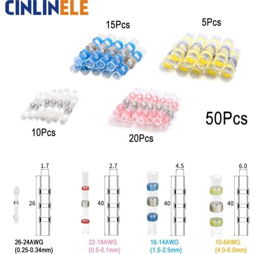 50Pieces Waterproof New Heat Shrink Solder Sleeves Wire Car Crimp Butt Terminal Cable Connectors Terminator Electrical Conector