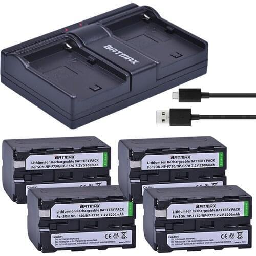 Batmax 4Pcs 7.2V 5200mAh NP-F770 NP-F750 NP F770 NP F750 NPF770 750 Batteries + Dual USB Charger for Sony CCD-RV100 DCR-TRU47E