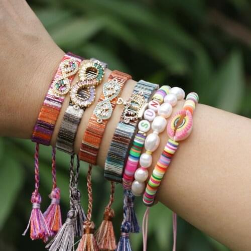 White mix cz crystal pave infinite loop love statement charm beads bohemia silk wristband bracelet for woman gift for her