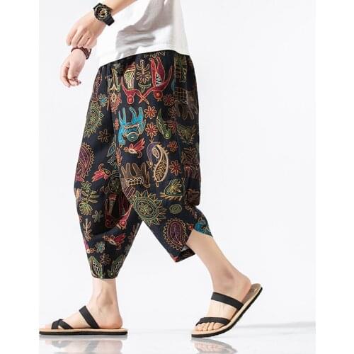 Summer Mens Cotton Linen Baggy Jogger Pants Man Streetwear Print Cross Pants Casual Trousers Male Harajuku Style Vintage 2021