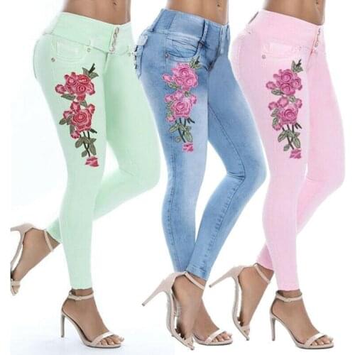 Denim Pants Lady Skinny Stretch Floral Embroidered High Waist Trouser Jeans Soft