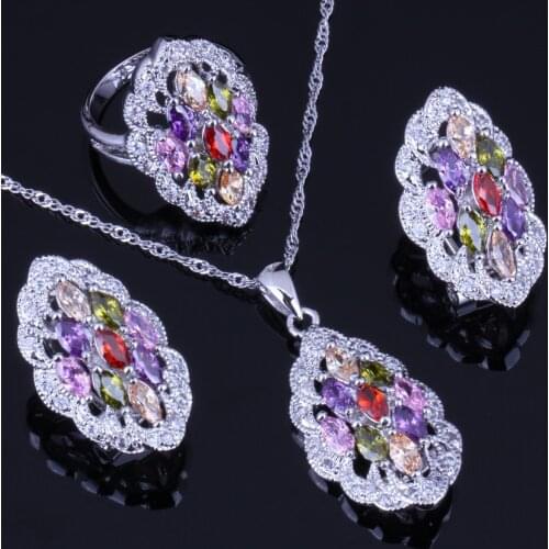 Amazing Multicolor Multi-gem Red Cubic Zirconia Silver Plated Jewelry Sets Earrings Pendant Chain Ring V0015