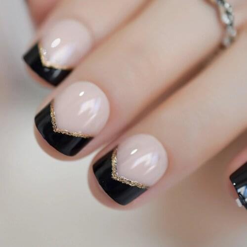 Short French Nail UV Gel Black Tips Gold Glitter Angle Decorated Natural Fake Nails for Lady with Adhesive Tabs