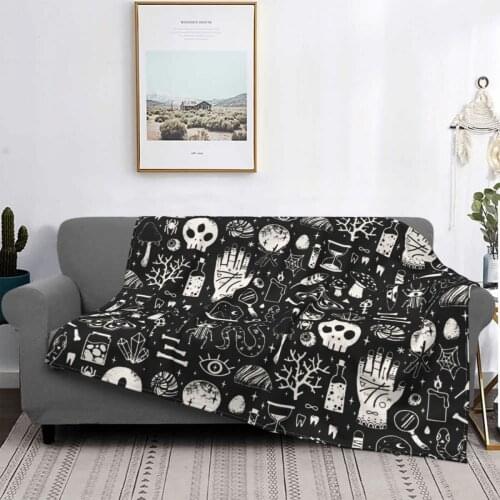 Curiosities Bone Black Skull Blankets Flannel Print Halloween Multi-function Ultra-Soft Throw Blanket for Bed Bedroom Quilt