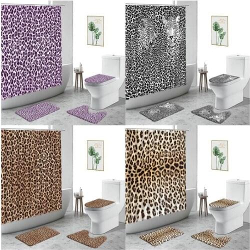 3D Fashion Gray Leopard Print Shower Curtains Purple Brown Cheetah Bathroom Decor Set Non-Slip Carpet Toilet Cover Bath Curtain