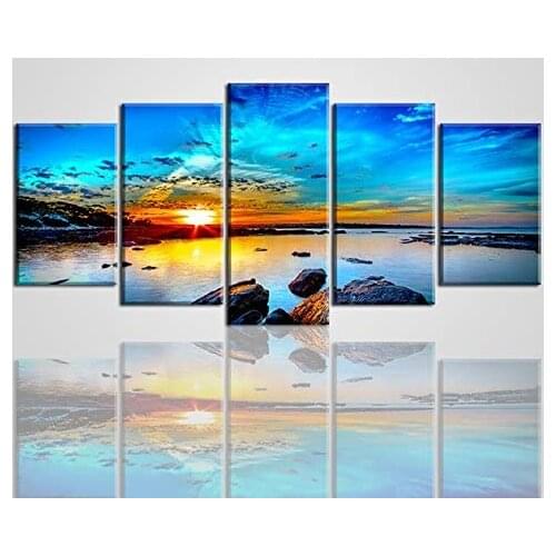 Seascape Canvas Painting Five-Piece Home Decoration Poster and Printmaking Reef Sunrise Wall Picture for Living Room Decor Art