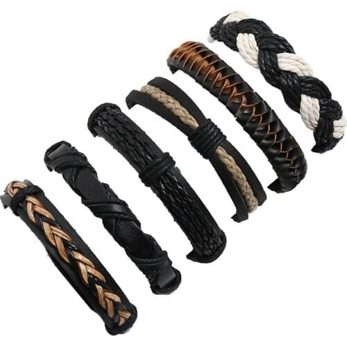 Braided 6pcs/set Brown Combination Wrap Handmade Vintage Cuff Bangle Genuine Leather Bracelets Men Women Jewelry Accessories