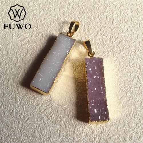 FUWO Natural Druzy Agates Bar Pendant 24K Gold Electroplated Edges Rectangle Sparkly Crystal Geode Jewelry Wholesale PD052