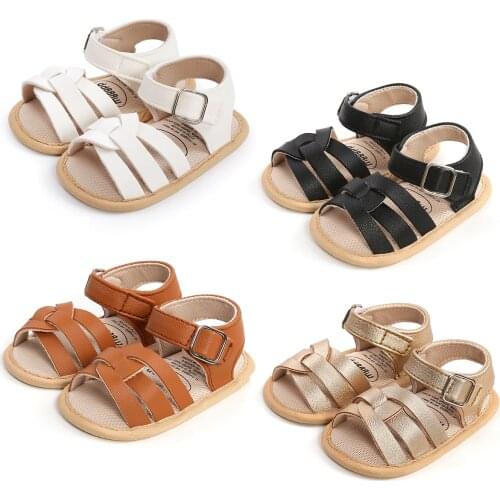 FOCUSNORM Newborn Baby Boys Girls Sandals Shoes 0-18M 4 Colors Solid Leather Hook Flat Shoes