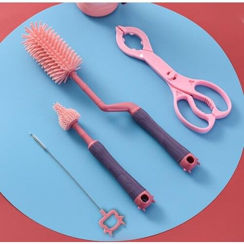 Silicone Bottle Brush 360 Degree Rotation Long Handle Baby Pacifier Cup Nipple Cleaning Brushes Set