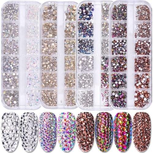 Multi Size Glass Nail Rhinestones Mixed Colors Flat-back AB Color Crystal 3D Charm Gems Beads DIY Manicure Nail Art Decorations