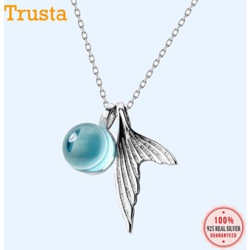 Trusta 100% 925 Sterling Silver Stylish Simple Mermaid Tail Necklace Sweet Blue Crystal Clavicle Chain Necklace Jewelry DS800