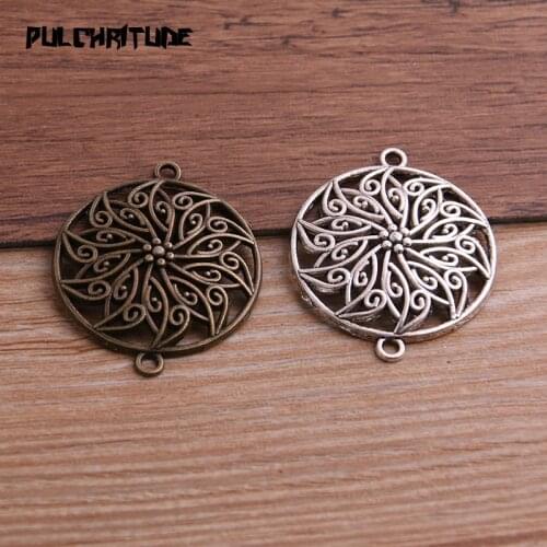 PULCHRITUDE 8pcs 29*35mm Two Color Zinc Alloy Vintage Round Flower Connectors Pendants Jewelry Making DIY Handmade Craft