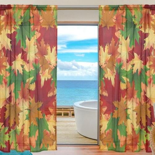 2 Pieces The Maple Leaves Curtains Red Beautiful Country Decor Maple Digital Print Polyester Tulle Curtain for Living Room