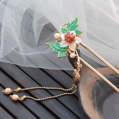 Green Leaf Hairpins White Shell Flower Hairpin Freshwater Pearl Tassel Wedding Hair Accessories Vintage Hair Stick For Girls